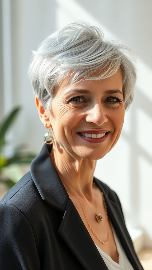 A woman over 70 with a tousled pixie hairstyle, showcasing crown volume and a bright smile.