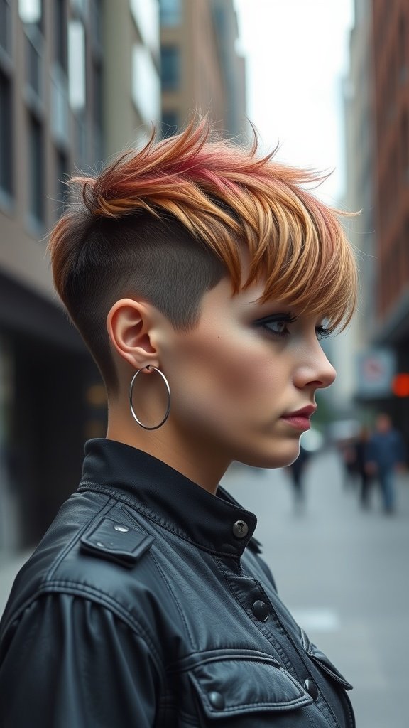 A stylish woman with an undercut pixie wolf cut, showcasing vibrant hair colors and a modern look.