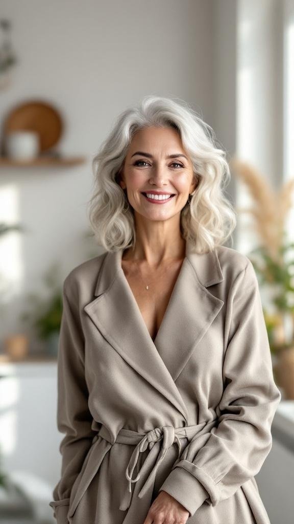 A woman with loose, vintage-inspired curls smiling in a cozy setting.