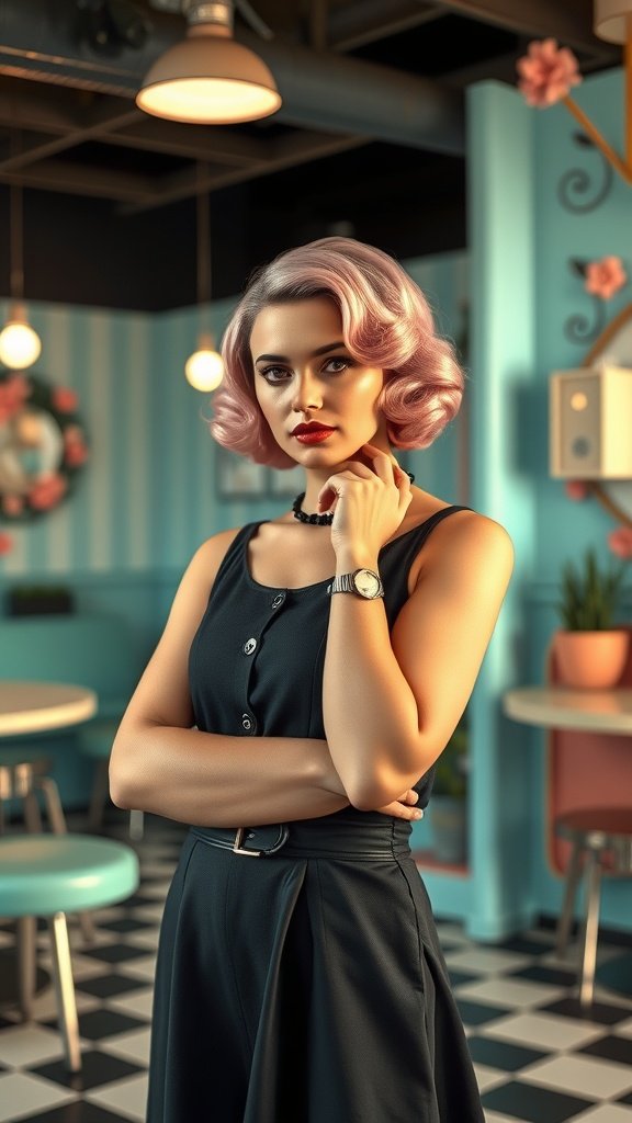 A woman with vintage pink finger waves hairstyle, wearing a black dress, posing confidently in a retro-themed cafe.