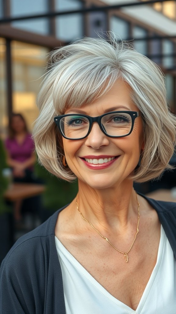 A woman over 50 with a voluminous blown-out bob hairstyle and glasses, smiling confidently.