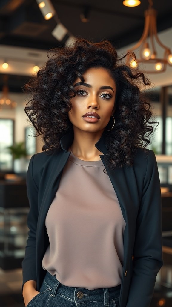 A woman with voluminous curls styled in a subtle hush cut, showcasing a chic and sophisticated look.
