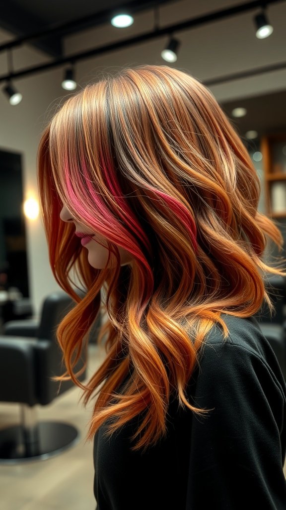 Wavy layered shag haircut with side fringe bangs and warm tones