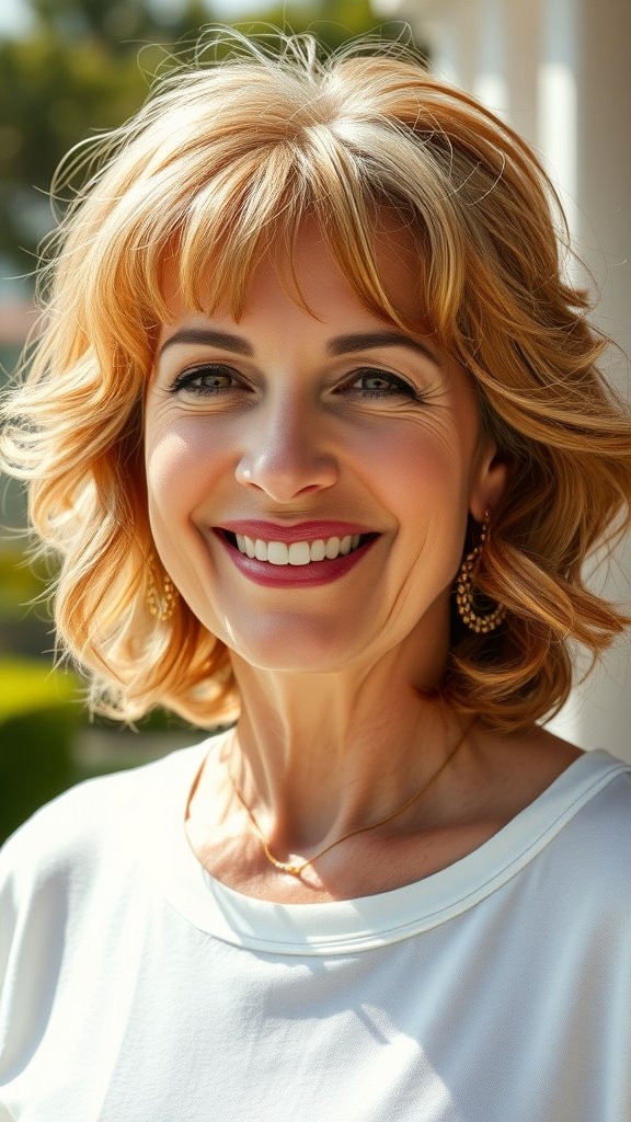 A woman with wispy bangs and soft waves, smiling brightly.