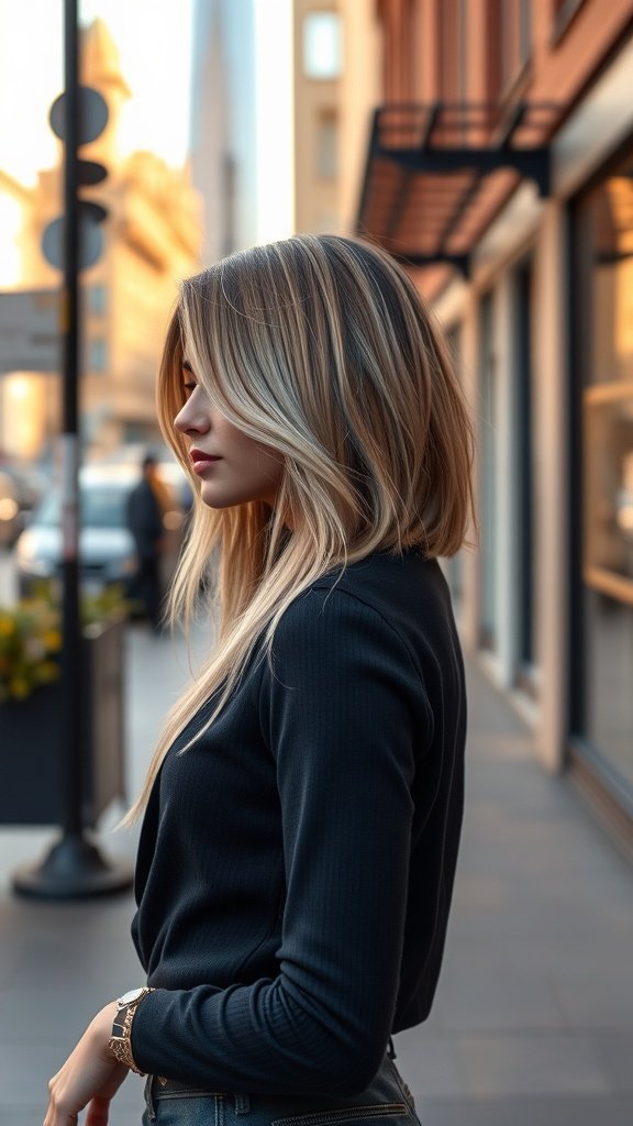 A woman with ash blonde hair styled in soft waves, featuring darker tones underneath, standing on a city street.