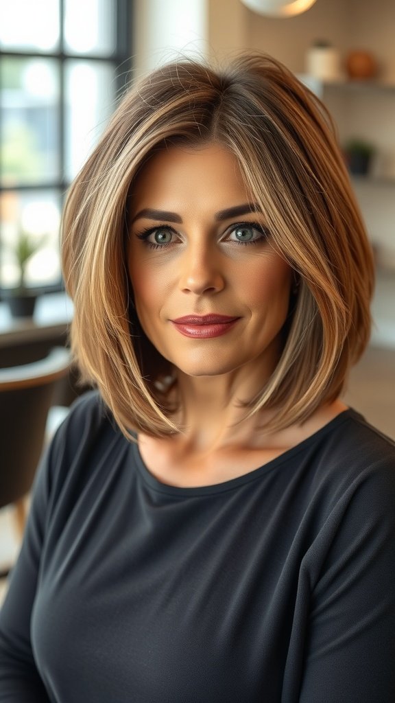 A woman with an asymmetrical bob hairstyle featuring side bangs, showcasing a modern and elegant look.