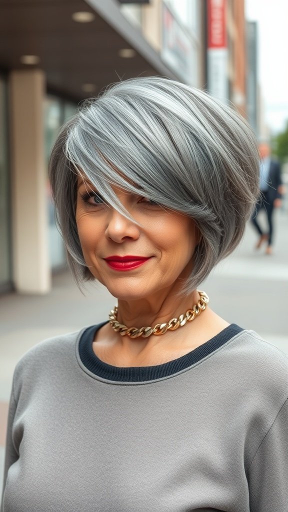 A woman with an asymmetrical gray bob hairstyle, wearing a gray top and a gold chain necklace, smiling confidently outdoors.