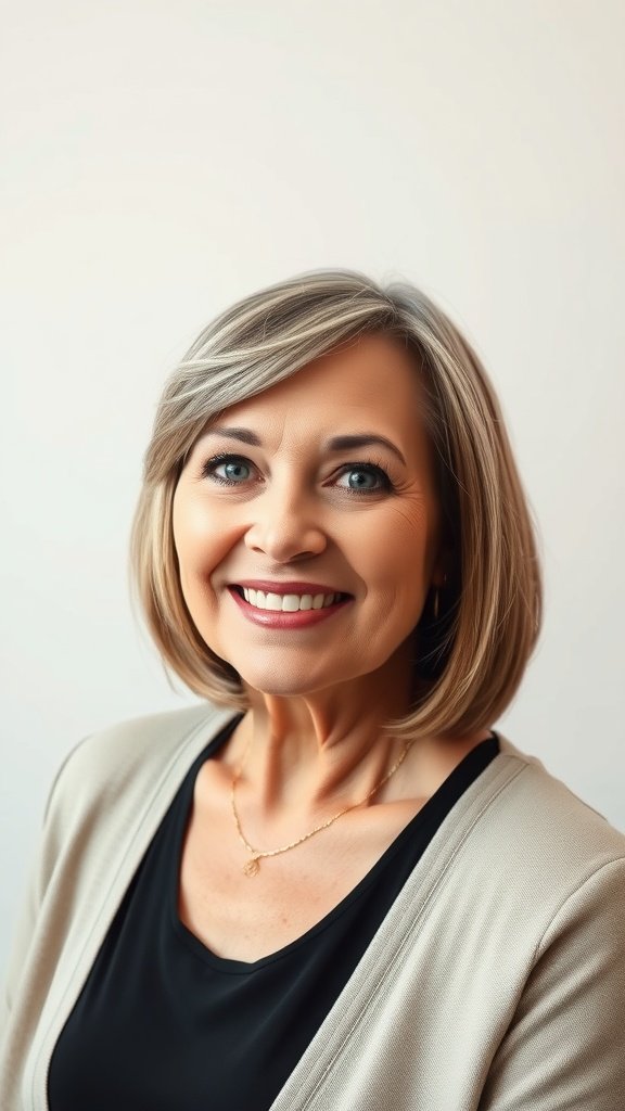 A woman with an asymmetrical lob haircut and side-swept bangs, smiling confidently.