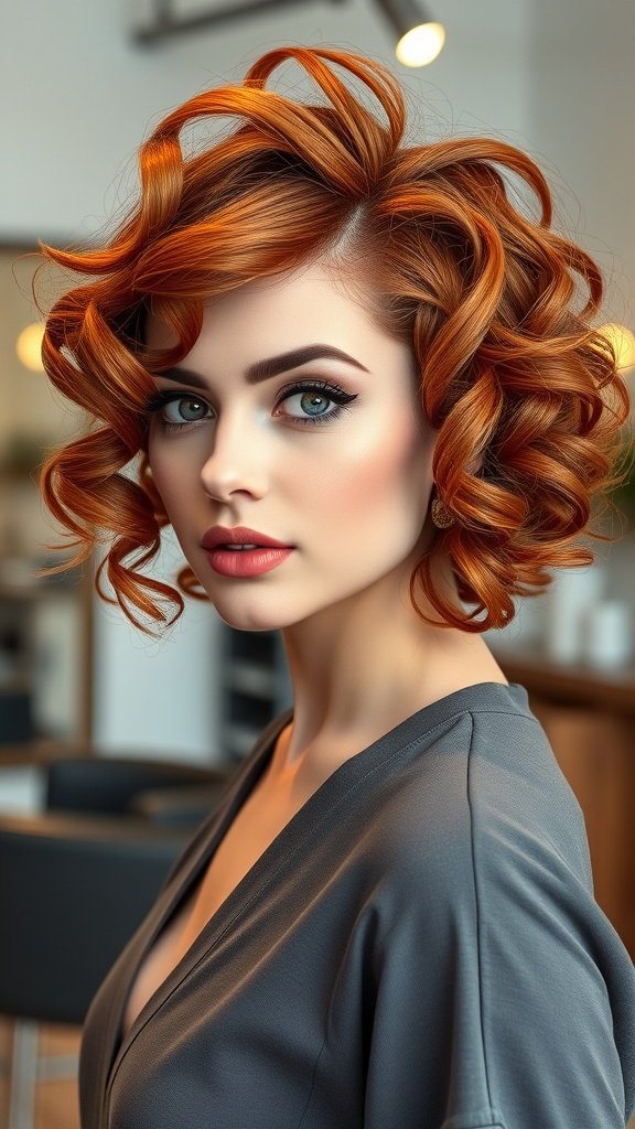A woman with vibrant auburn curls styled in a playful twist, showcasing a lively and warm hairstyle.