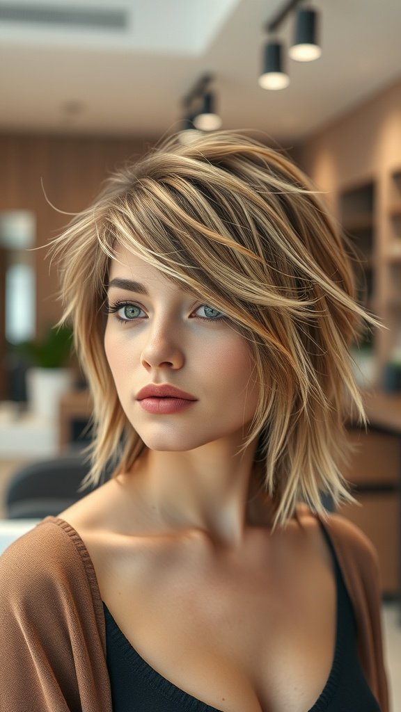 A woman with medium-length bedhead chic hairstyle featuring subtle highlights.