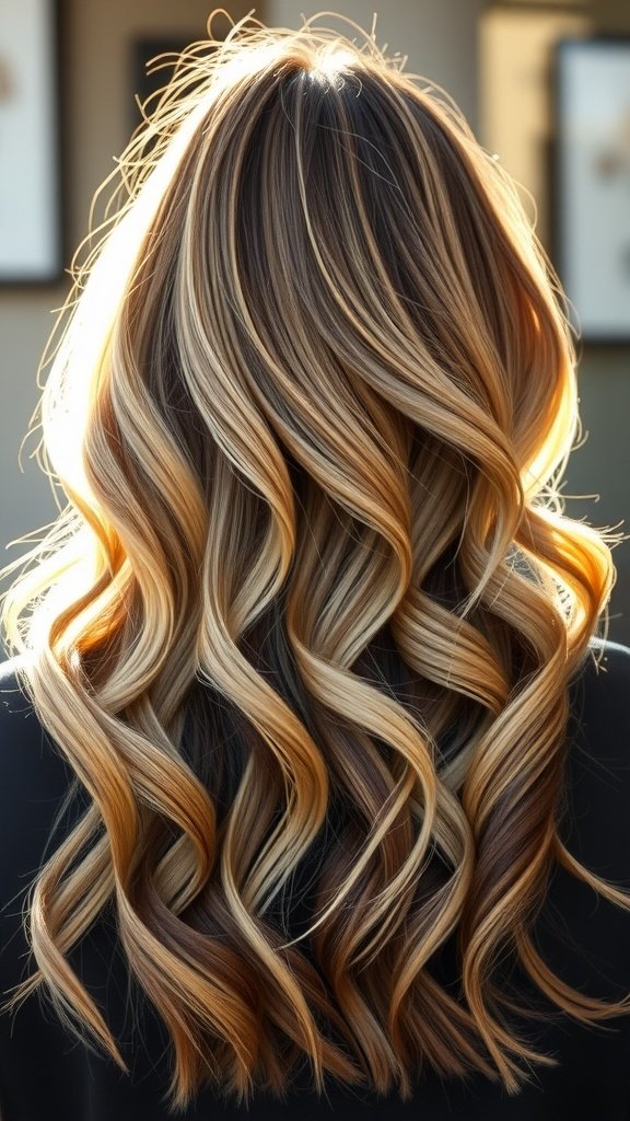 Blonde balayage hairstyle with chocolate roots and soft waves