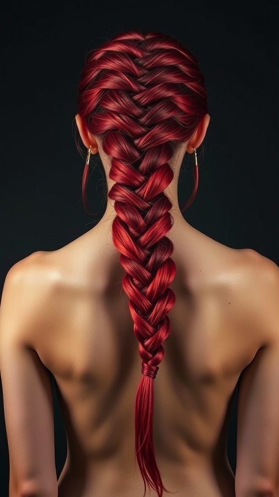 A close-up view of a blood-red fishtail braid on a person with a bare back, showcasing the intricate weaving and vibrant color.