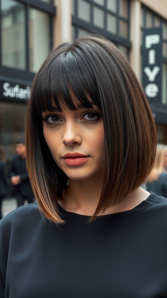 A model with a blunt-cut bob hairstyle featuring a middle part, showcasing sleek dark hair.