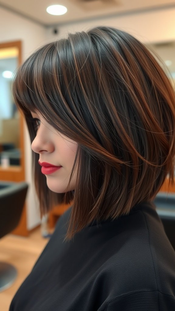 A stylish bob haircut with graduated layers and side bangs, showcasing a modern look.