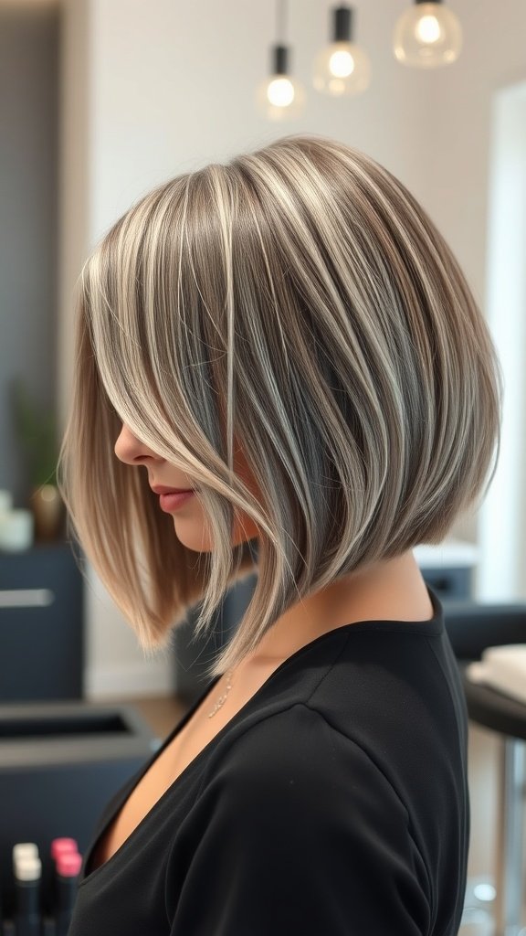 A stylish bob hairstyle featuring gray tones with subtle balayage and soft highlights.