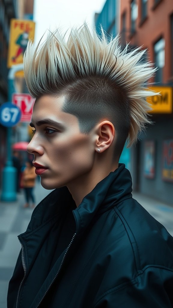 A person with a bold blonde mohawk and dark roots, showcasing a striking hairstyle in an urban setting.