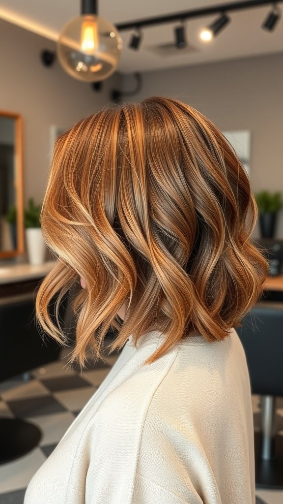 A stylish caramel-wavy bob haircut with razor-cut ends, showcasing soft waves and a modern look.