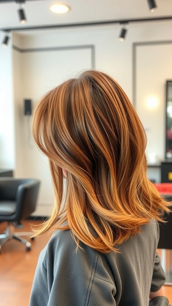 Chestnut brown lob haircut with golden highlights