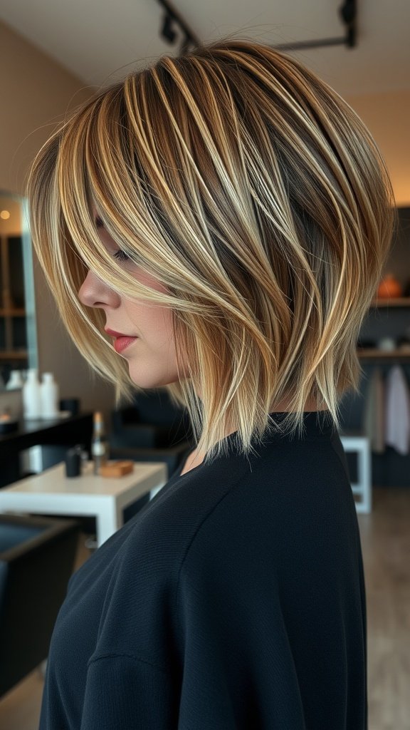 Choppy feathered bob hairstyle with angled front pieces