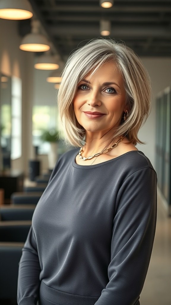 A woman with a choppy lob hairstyle and long side bangs, wearing a dark top and smiling in a modern setting.