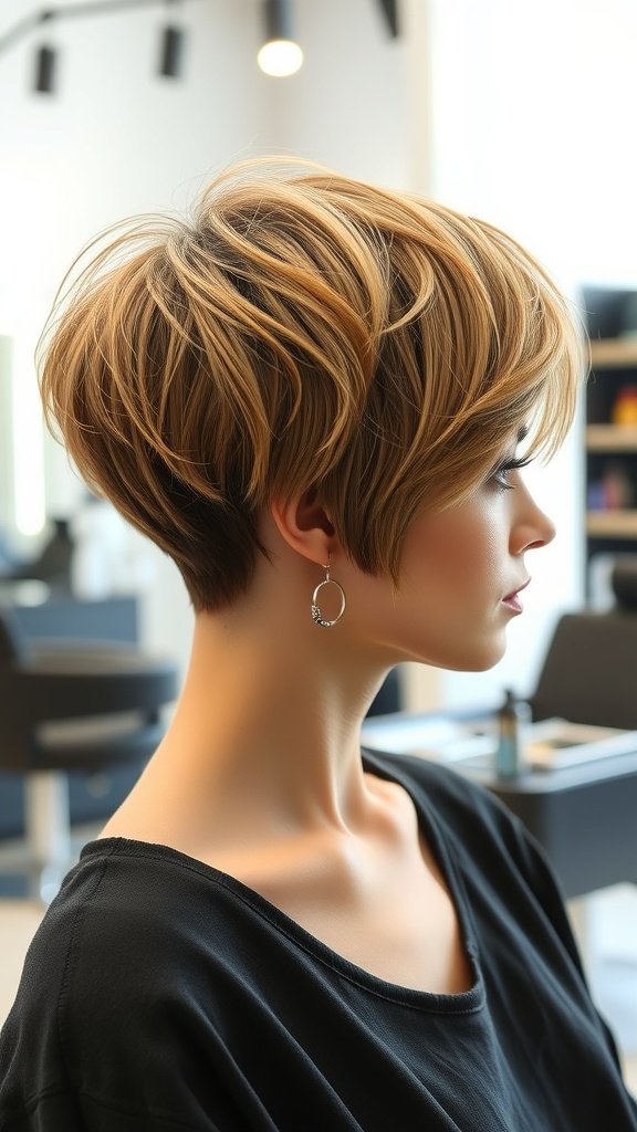 A stylish choppy pixie bob hairstyle with a tapered nape, showcasing textured layers and a modern look.