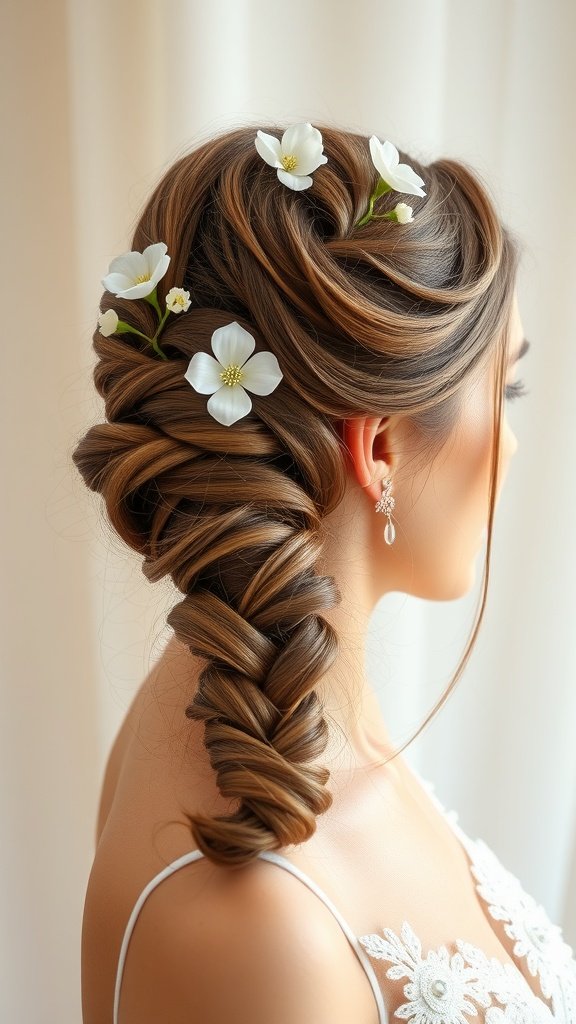A woman with a chunky crown braid hairstyle adorned with white flowers.