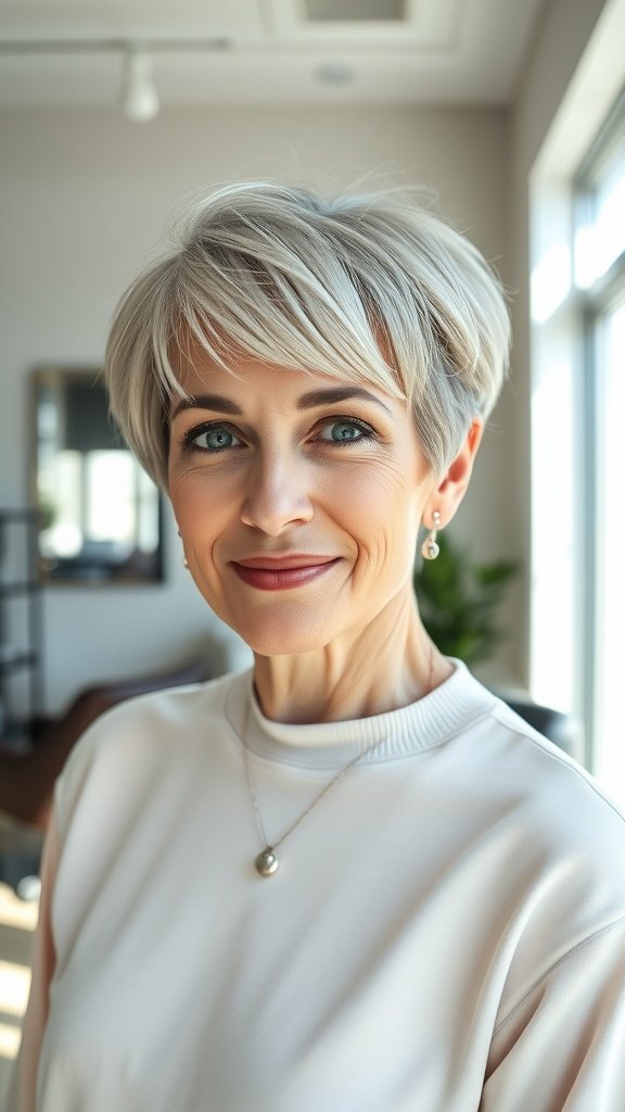 A woman with a cropped pixie hairstyle featuring pastel highlights, smiling confidently.