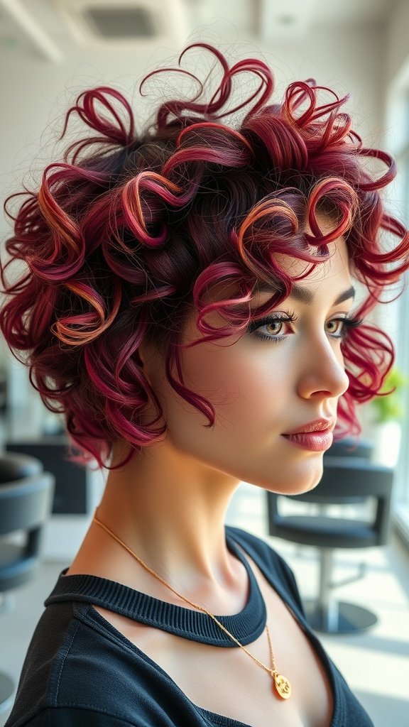 A woman with short, vibrant red curly hair styled in a tousled look.