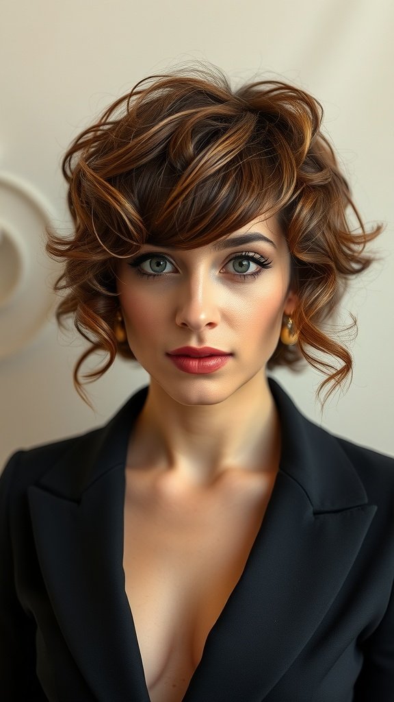 A woman with a curly pixie haircut and long bangs, wearing a black blazer, showcasing a stylish and youthful look.