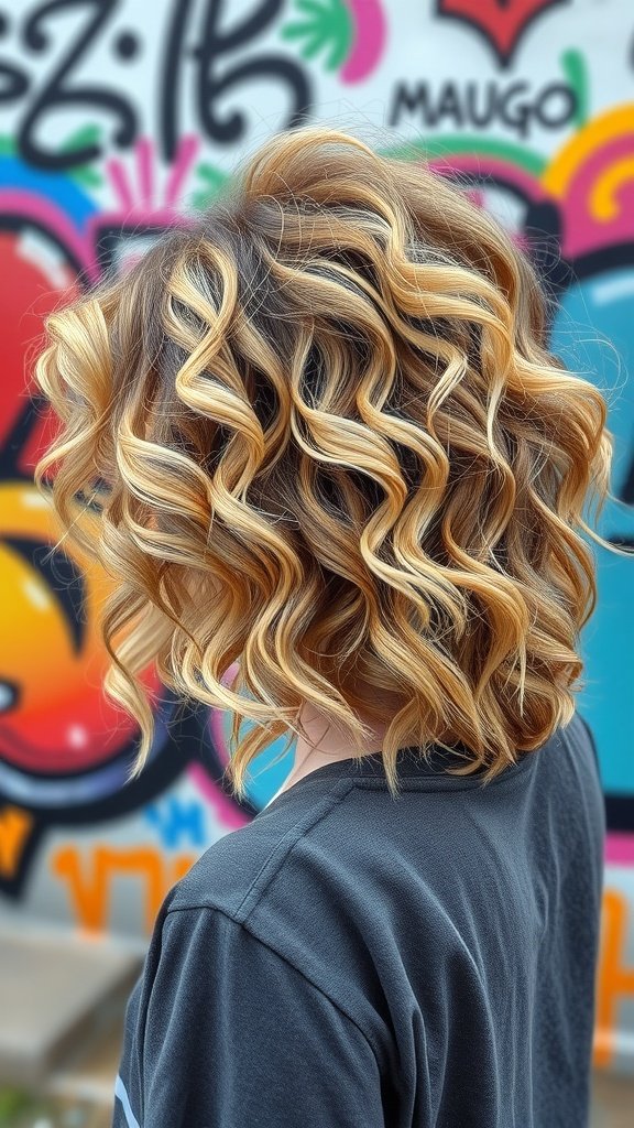 A woman with curly shag haircut featuring blonde balayage, standing in front of a colorful graffiti wall.