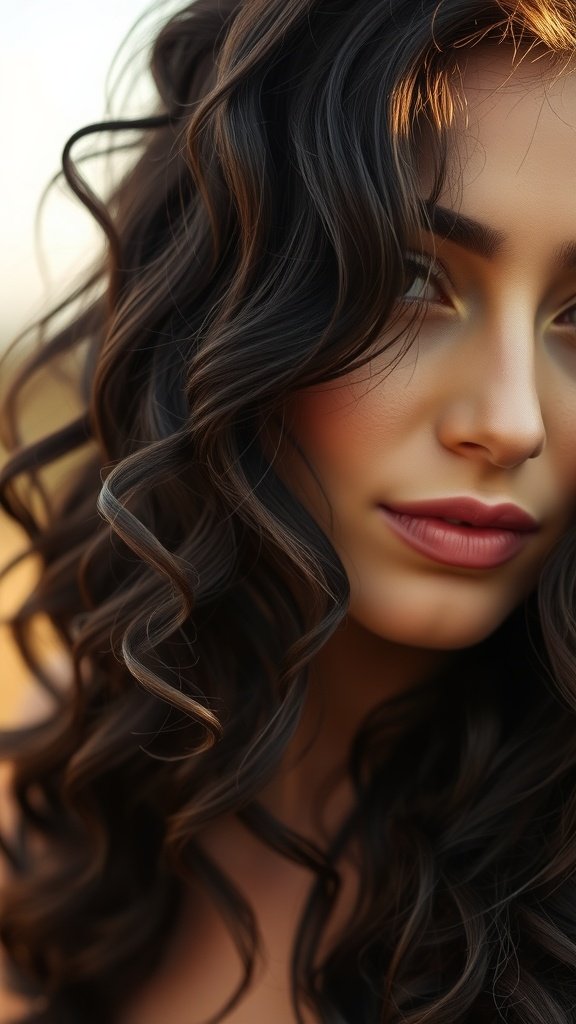 A close-up of a woman with dark brown curls and caramel highlights, showcasing a radiant hairstyle.