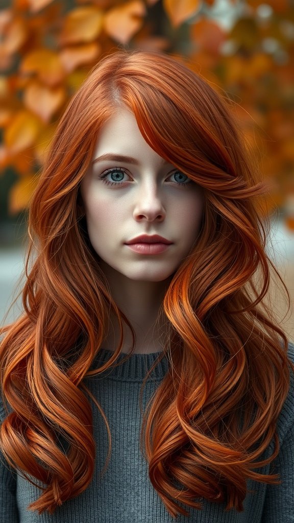 A model with deep ginger red hair styled in soft waves, standing against a backdrop of autumn leaves.