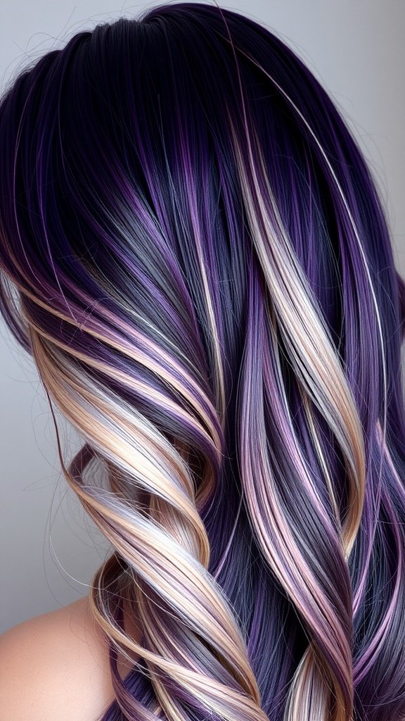 A close-up view of deep violet hair with pale blonde highlights, showcasing soft waves and vibrant colors.