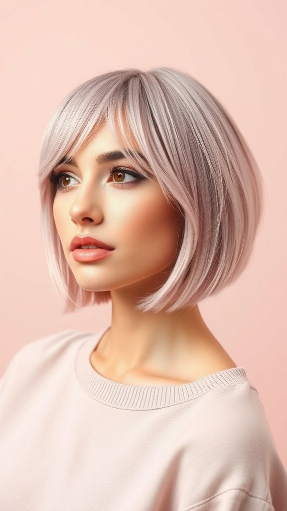 A woman with a dusty pink angled bob hairstyle, looking stylish and confident.