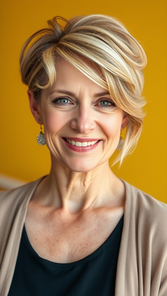 A woman over 50 with an elongated pixie hairstyle featuring layered fringe, smiling against a yellow background.