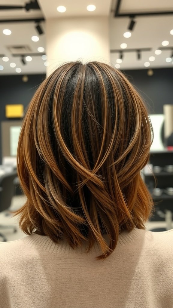 Espresso shag haircut with softly tapered ends, showcasing rich brown tones and subtle highlights.