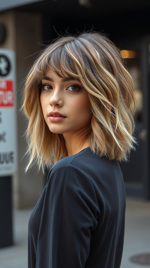 A young woman with a graduated shag haircut featuring feathered edges, styled with soft waves and highlights.