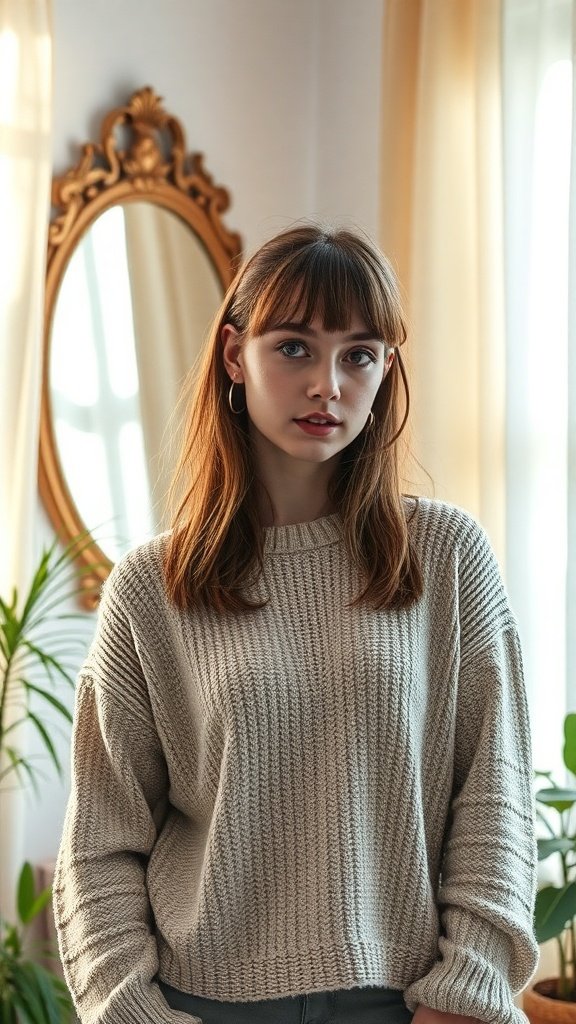 A young woman with curtain bangs wearing a cozy sweater, standing in a well-lit room with a mirror and plants.