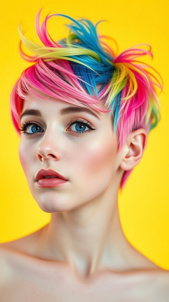 A model showcasing a funky rainbow pixie mullet hairstyle with vibrant pink, blue, and yellow colors against a bright yellow background.