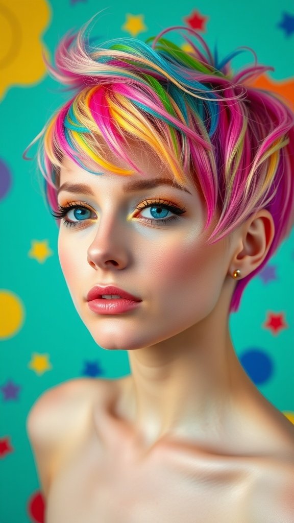 A model with a funky rainbow pixie mullet hairstyle, showcasing vibrant colors against a colorful background.