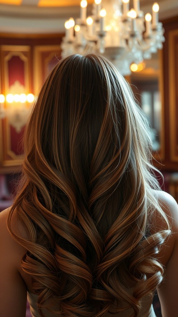 A woman with glamorous Hollywood waves and wispy bangs, showcasing a stunning hairstyle.