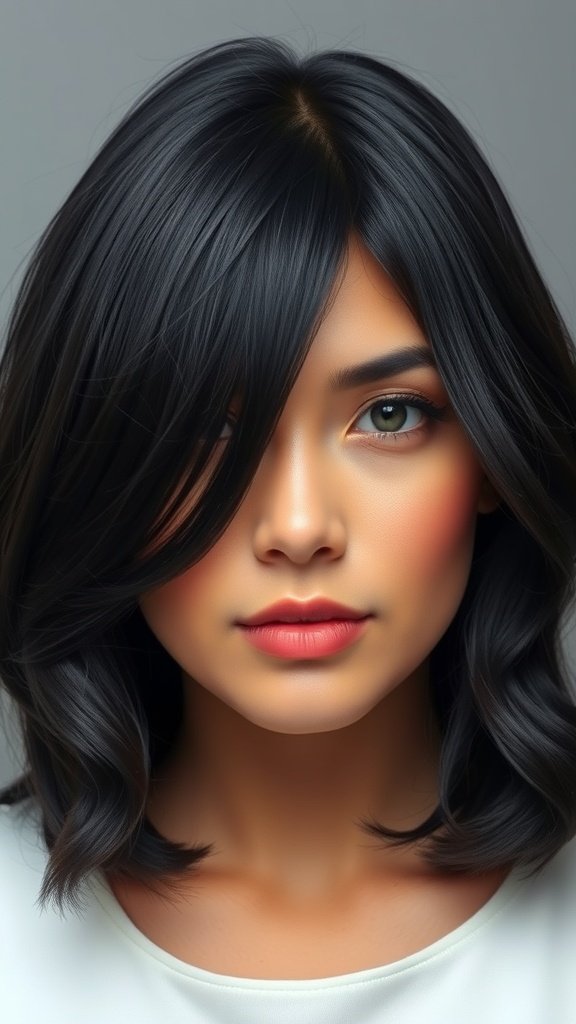 A woman with glossy jet black hair styled in sleek waves, showcasing a vibrant and elegant look.