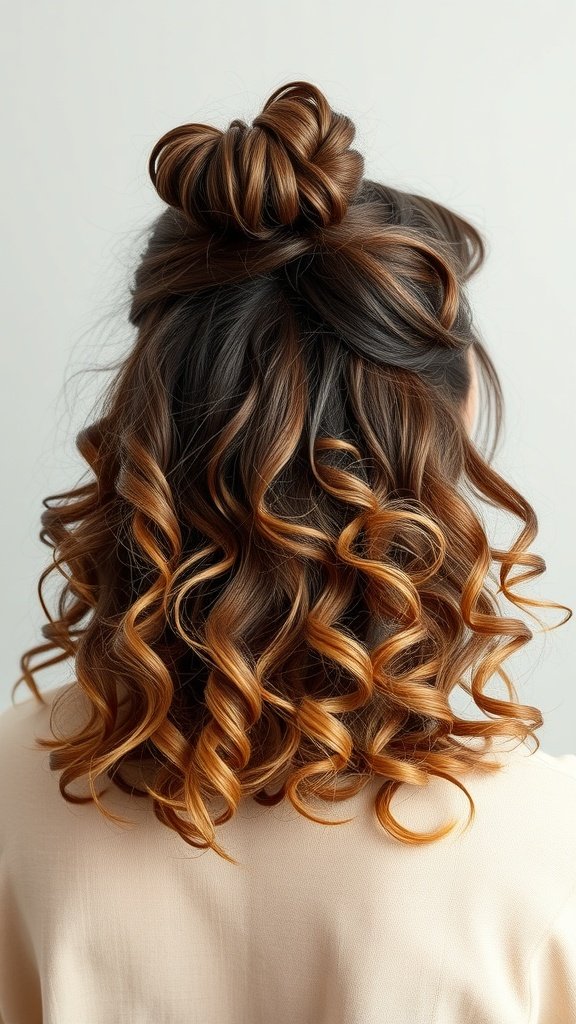 A woman with shoulder-length curly hair styled in a half-up, half-down bun, showcasing beautiful curls.