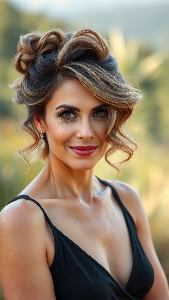 A woman with wavy hair styled in a half-up look, showcasing soft curls and a radiant smile.