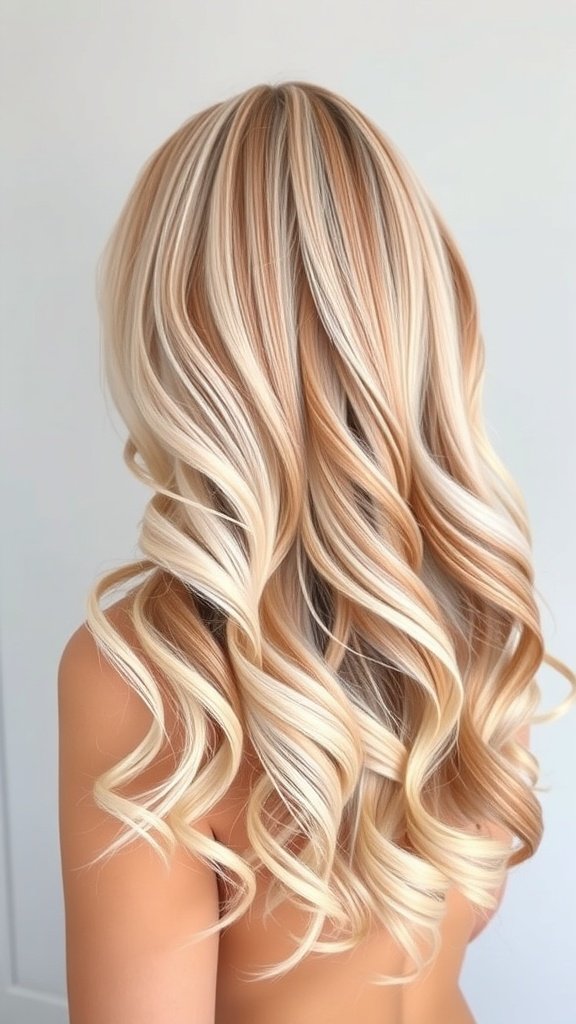 A hairstyle featuring icy copper hair color with platinum highlights, styled in soft waves.