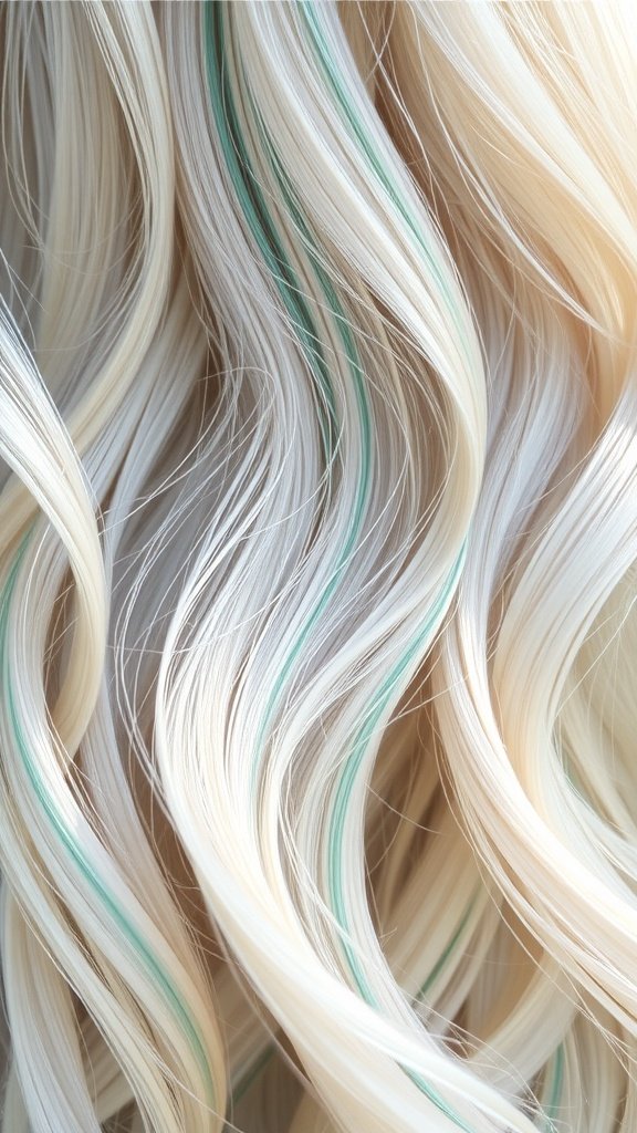 Close-up of pale blonde hair with icy mint streaks