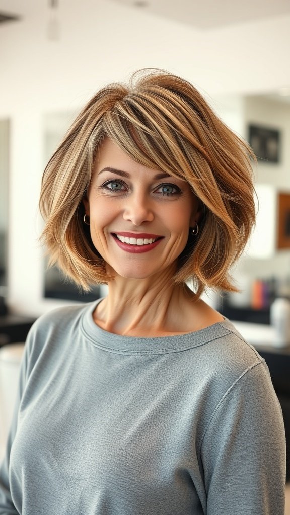 A woman with a layered bob hairstyle featuring soft outward curls, smiling in a salon setting.