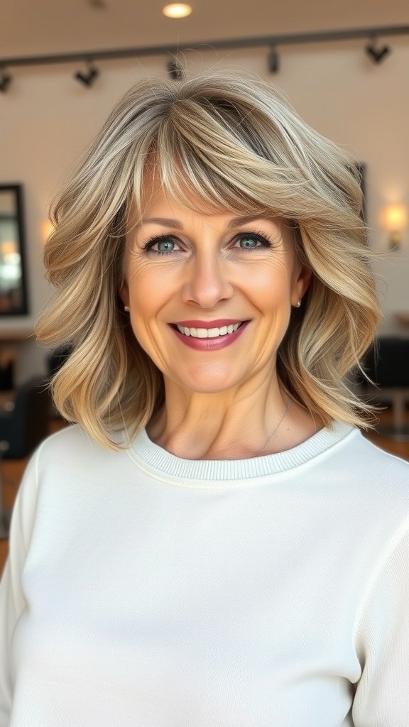 A woman with layered shag hairstyle and textured bangs, smiling confidently.
