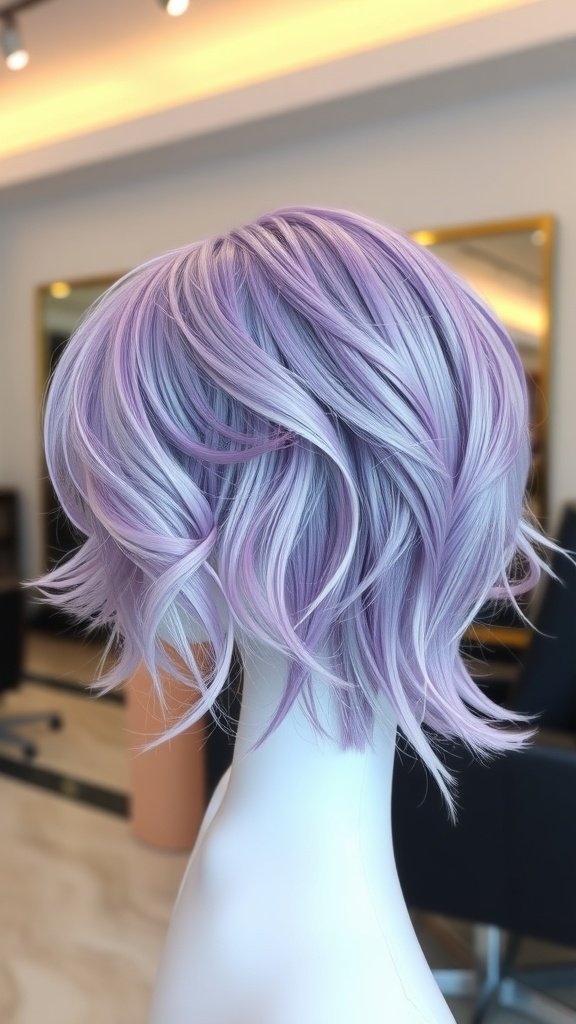 A lilac balayage tousled bob hairstyle displayed on a mannequin.