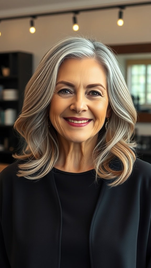 A woman with a stylish lob hairstyle featuring dimensional color, smiling confidently.